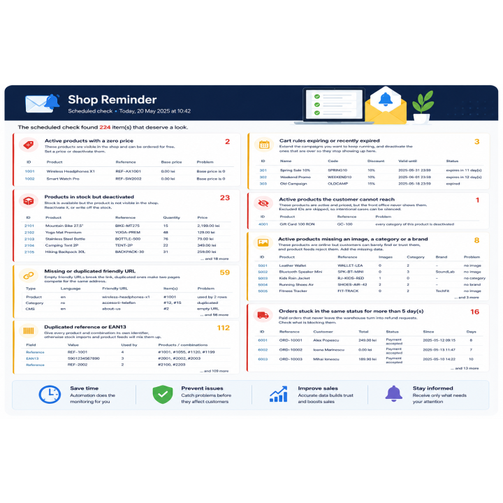 Shop Health Check – Rapport quotidien des erreurs silencieuses de la boutique