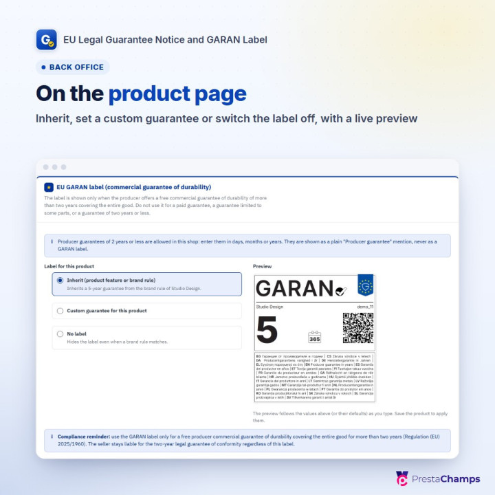 Avis de garantie légale UE et label GARAN – Règlement (UE) 2025/1960