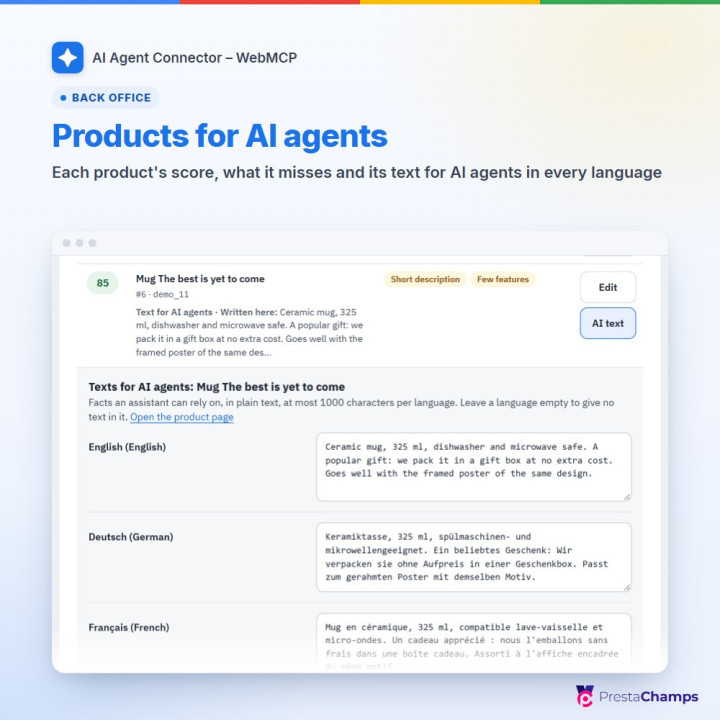 Texts for AI agents for each product and language