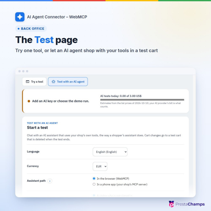 Testseite: ein Tool ausprobieren oder einen KI-Agenten testweise einkaufen lassen