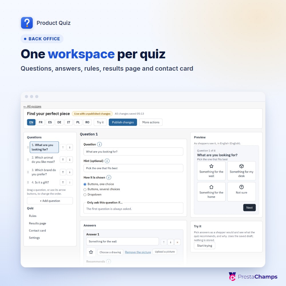 One workspace per quiz