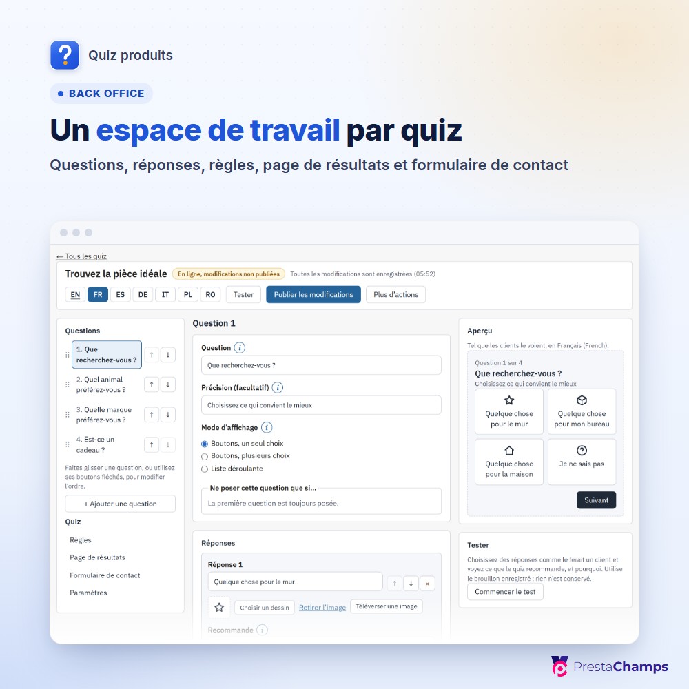 Un espace de travail par quiz